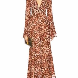 Deep V-Neck Leopard Print Maxi Dress in Brown, NWT